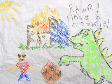 A child's drawing of a dinosaur extinguishing a fire and giving a cookie to a little boy.